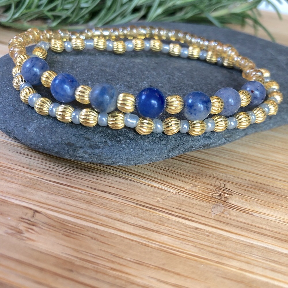 2 Piece Dainty Blue and Gold Beaded Stretch Bracelets